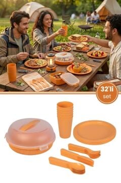 6 Kişilik Piknik Seti, 32 Parça Piknik Kamp Yemek Takımı Tabak Çatal Bıçak Kaşık Bardak Seti Turuncu