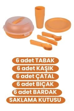 6 Kişilik Piknik Seti, 32 Parça Piknik Kamp Yemek Takımı Tabak Çatal Bıçak Kaşık Bardak Seti Turuncu