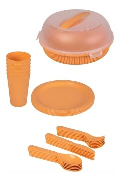 6 Kişilik Piknik Seti, 32 Parça Piknik Kamp Yemek Takımı Tabak Çatal Bıçak Kaşık Bardak Seti Turuncu