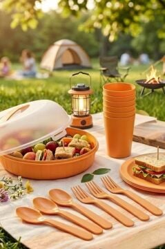 6 Kişilik Piknik Seti, 32 Parça Piknik Kamp Yemek Takımı Tabak Çatal Bıçak Kaşık Bardak Seti Turuncu