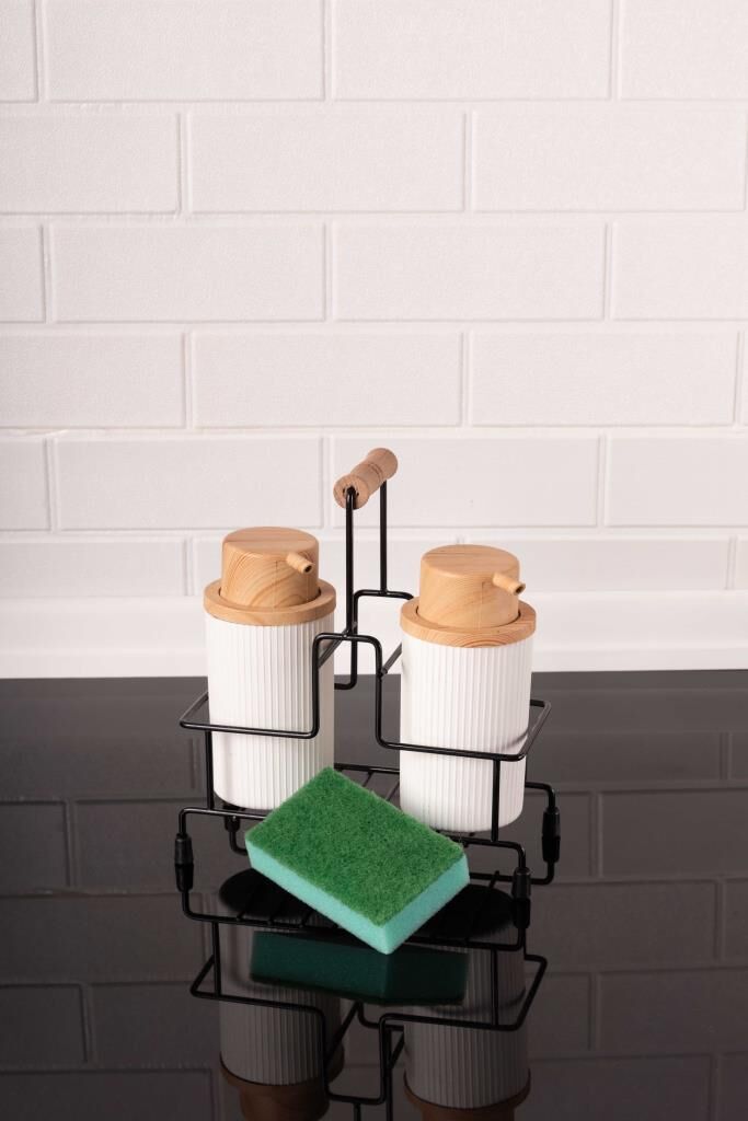 Metal Standlı ve Sünger Hazneli 2'li Sıvı Sabunluk ve Deterjanlık Seti - Sünger Hediyeli Beyaz