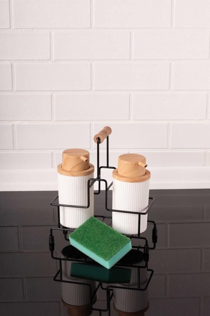 Metal Standlı ve Sünger Hazneli 2'li Sıvı Sabunluk ve Deterjanlık Seti - Sünger Hediyeli Beyaz