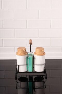 Metal Standlı ve Sünger Hazneli 2'li Sıvı Sabunluk ve Deterjanlık Seti - Sünger Hediyeli Beyaz