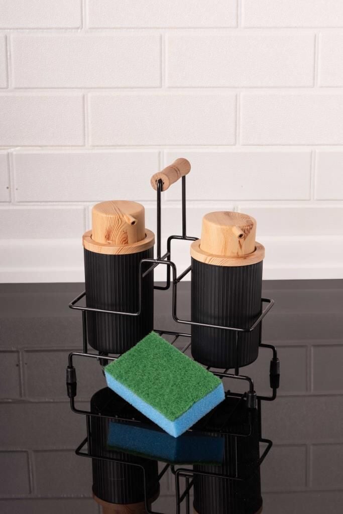 Metal Standlı ve Sünger Hazneli 2'li Sıvı Sabunluk ve Deterjanlık Seti - Sünger Hediyeli Siyah