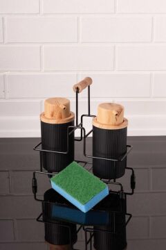 Metal Standlı ve Sünger Hazneli 2'li Sıvı Sabunluk ve Deterjanlık Seti - Sünger Hediyeli Siyah