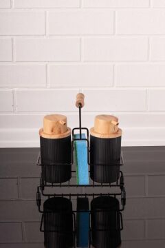 Metal Standlı ve Sünger Hazneli 2'li Sıvı Sabunluk ve Deterjanlık Seti - Sünger Hediyeli Siyah