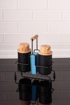 Metal Standlı ve Sünger Hazneli 2'li Sıvı Sabunluk ve Deterjanlık Seti - Sünger Hediyeli Siyah