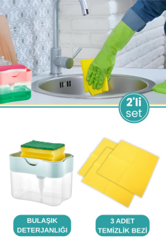 Pompalı Hazneli Süngerli Pratik Mutfak Sıvı Bulaşık Deterjanlığı ve 3’lü Temizlik Bezi Seti