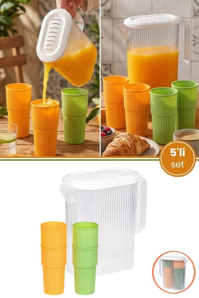 Sürahi ve 4'lü Bardak Seti, Piknik Kamp Mutfak Meşrubat Seti, 3 lt Sürahi + 4 Adet 500ml Bardak