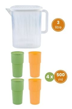 Sürahi ve 4'lü Bardak Seti, Piknik Kamp Mutfak Meşrubat Seti, 3 lt Sürahi + 4 Adet 500ml Bardak