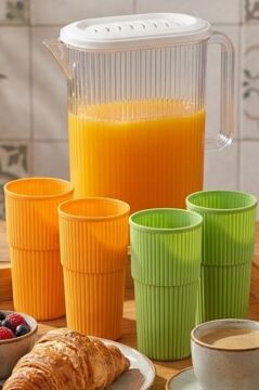 Sürahi ve 4'lü Bardak Seti, Piknik Kamp Mutfak Meşrubat Seti, 3 lt Sürahi + 4 Adet 500ml Bardak