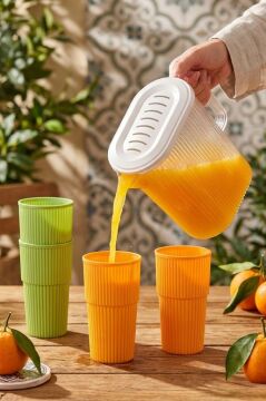 Sürahi ve 4'lü Bardak Seti, Piknik Kamp Mutfak Meşrubat Seti, 3 lt Sürahi + 4 Adet 500ml Bardak