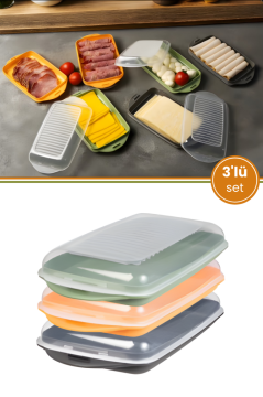 3'lü Sığ Kahvaltılık Seti, Kapaklı Buzdolabı Piknik Saklama Kabı Kahvaltı Şarküteri Kutusu 3’lü Set