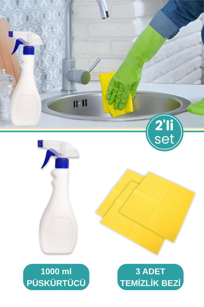 Tigerli Sıvı Püskürtücü 1000ml ve 3’lü Temizlik Bezi Seti, Fısfıs Spreyli Temizlik Şişesi + 3’lü Bez