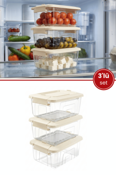 3'lü Kilitli Saklama Kabı Seti, Buzdolabı Düzenleyici Kahvaltı Erzak Saklama Kutusu 3x1,2 litre