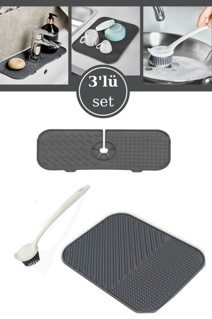 3’lü Lavabo Matı Seti, Çok Amaçlı Kurutmalık + Musluk Matı + Silikon Uçlu Bulaşık Fırçası 3’lü Set