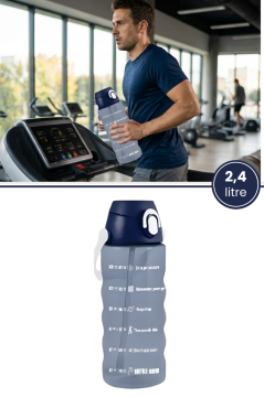 2,4 Litre Zaman Çizelgeli Motivasyon Su Matarası, Pipetli Sızdırmaz Fitness Sporcu Su Şişesi Mavi