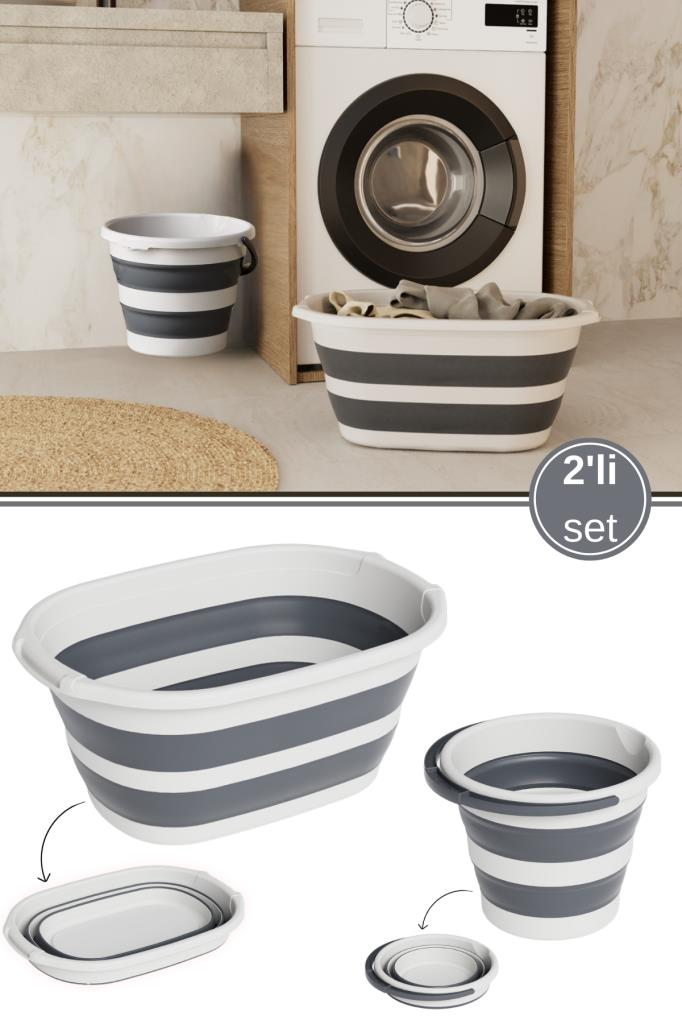 Katlanır 25 lt Sepet ve 10 lt Kova Seti, Akordiyon Çamaşır Oyuncak Selesi Kutusu + Kulplu Su Kovası