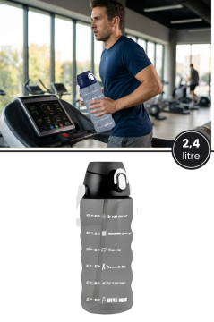 2,4 Litre Zaman Çizelgeli Motivasyon Su Matarası, Pipetli Sızdırmaz Fitness Sporcu Su Şişesi Siyah