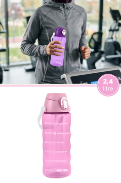 2,4 Litre Zaman Çizelgeli Motivasyon Su Matarası, Pipetli Sızdırmaz Fitness Sporcu Su Şişesi Pembe