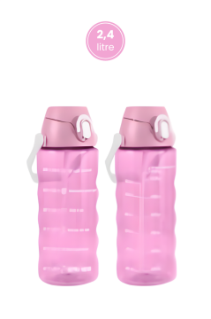 2,4 Litre Zaman Çizelgeli Motivasyon Su Matarası, Pipetli Sızdırmaz Fitness Sporcu Su Şişesi Pembe