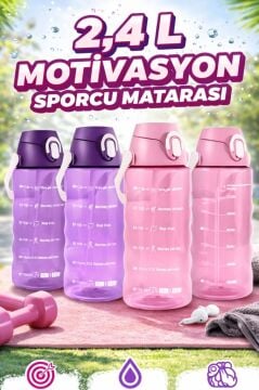2,4 Litre Zaman Çizelgeli Motivasyon Su Matarası, Pipetli Sızdırmaz Fitness Sporcu Su Şişesi Pembe