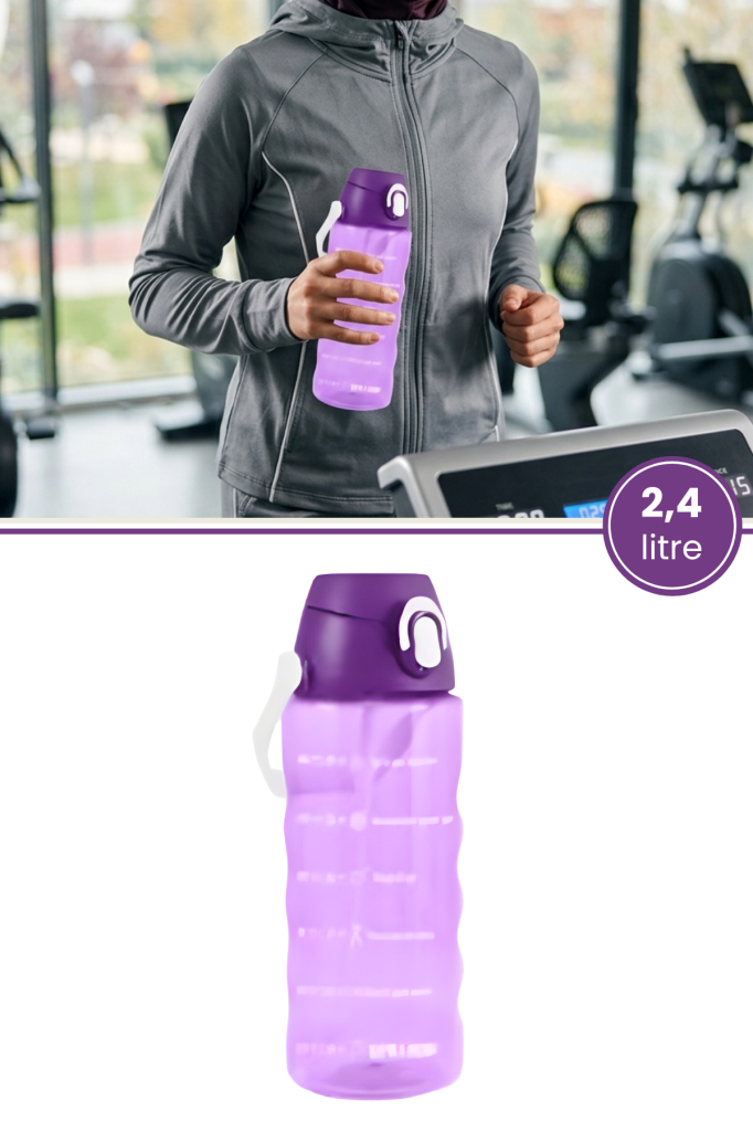 2,4 Litre Zaman Çizelgeli Motivasyon Su Matarası, Pipetli Sızdırmaz Fitness Sporcu Su Şişesi LİLA