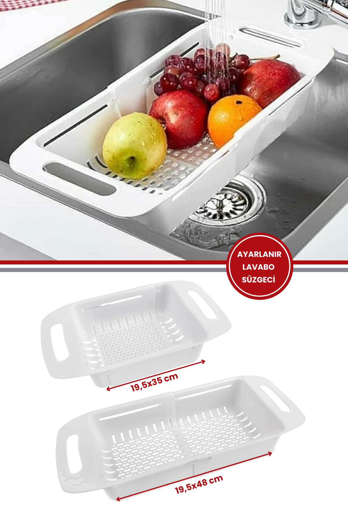 Ayarlanabilir Lavabo Süzgeci, Uzun Kısa Ayarlı Evye, Meyve Sebze Salata Yıkama