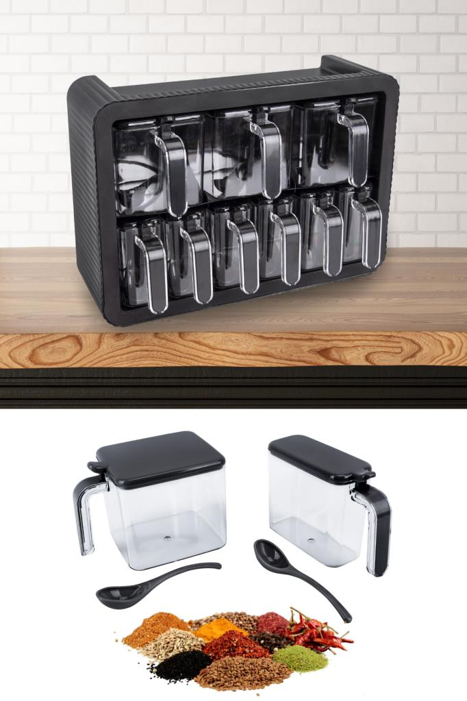 Standlı Kaşıklı Kapaklı 9’lu Baharatlık Seti, Kendinden Yapışkanlı Baharat Takımı (3x600ml, 6x300ml) Siyah