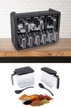 Standlı Kaşıklı Kapaklı 9’lu Baharatlık Seti, Kendinden Yapışkanlı Baharat Takımı (3x600ml, 6x300ml) Siyah