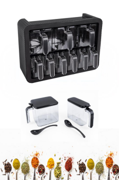 Standlı Kaşıklı Kapaklı 9’lu Baharatlık Seti, Kendinden Yapışkanlı Baharat Takımı (3x600ml, 6x300ml) Siyah