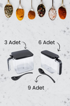 Standlı Kaşıklı Kapaklı 9’lu Baharatlık Seti, Kendinden Yapışkanlı Baharat Takımı (3x600ml, 6x300ml) Siyah