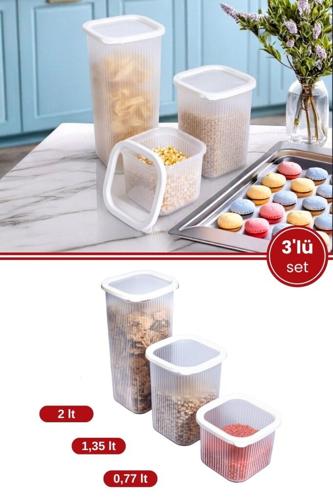 3’lü Erzak Saklama Kabı Seti, Erzak Baharat Bakliyat Dondurucu Buzdolabı Düzenleyici 3’lü Set