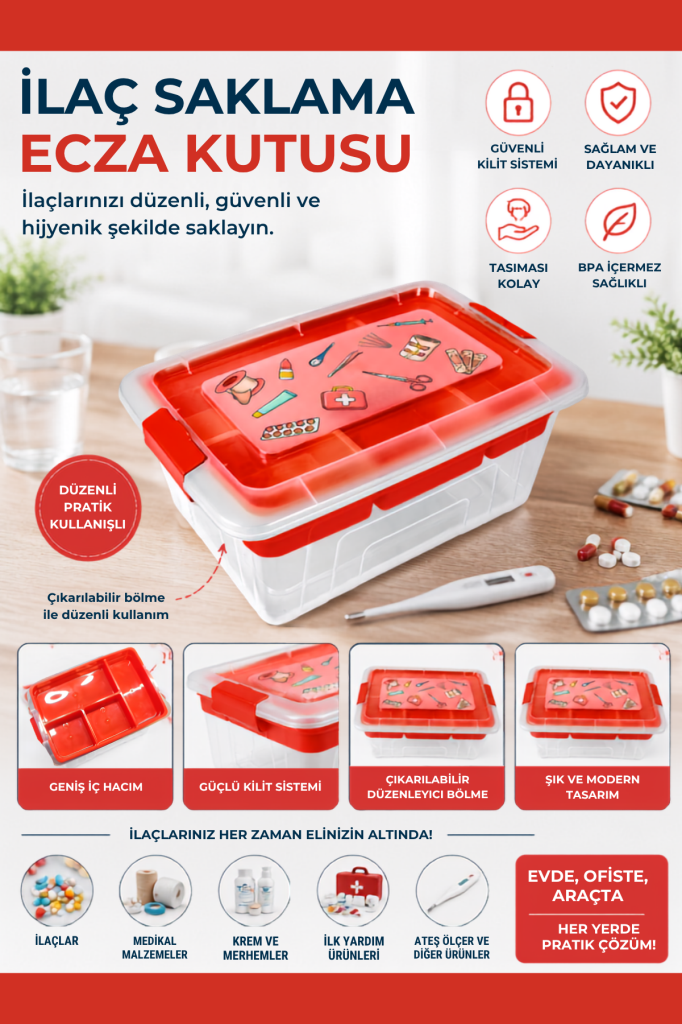 Bölmeli Kilit Kapaklı İlaç Kutusu 5,75 Lt, Kulplu Taşınabilir Ev Tipi Ecza İlk Yardım Saklama Kutusu