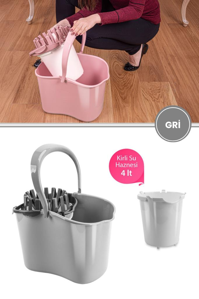 Kirli Su Hazneli Temizlik Kovası, Standart Yer Zemin Temizlik Mop Kovası ve Su Haznesi Gri