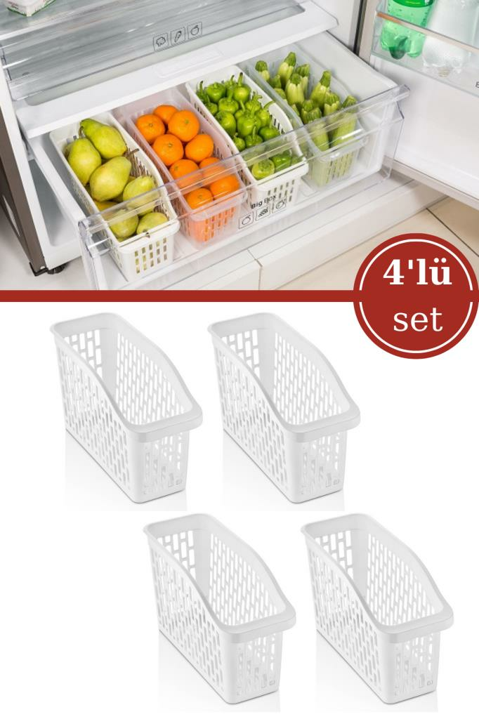 Flosoft 4 Adet Buzdolabı Sepeti, Mutfak Banyo Dolap İçi Düzenleyici Organizer 4’lü Set (13x30x15cm)