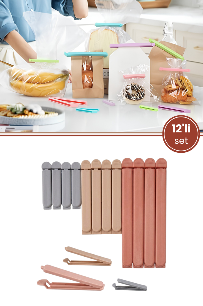 3 Boy Poşet Klipsi 12'li Set, Cips Bakliyat Baharat Kahve Poşeti Kapatma Kıskacı 4x(5cm,7.5 cm,10cm)