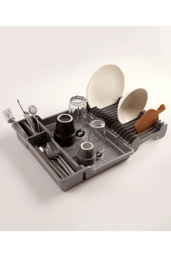 Flosoft Katlanır Bulaşıklık, Kaşıklık Bölmeli Tabaklık Kurutmalık Gri