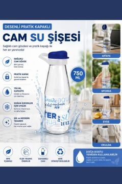 750 ml Pratik Kapaklı Cam Su Şişesi, Desenli Buzdolabı Başucu Okul Spor Suluk ve Matara