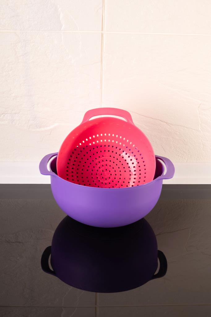 Makarna, Sebze, Meyve Yıkama Süzgeci Badyalı - 5 Litre Karıştırma Kabı Çok Amaçlı İkili Set 26 cm MOR