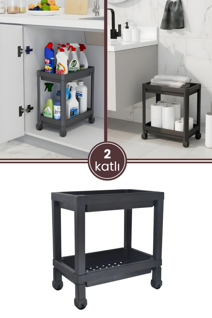 2 Katlı Tekerlekli Çok Amaçlı Raf Ünitesi, Mutfak Banyo Dar Alan Düzenleyici Organizer Depolama Rafı