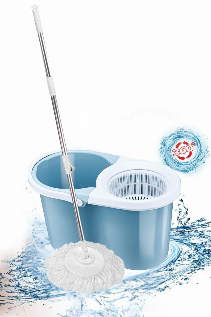 F139 Balerina Otomatik Sıkma Temizlik Seti, Döner Başlıklı Mikrofiber Temizlik Mop Seti Mavi