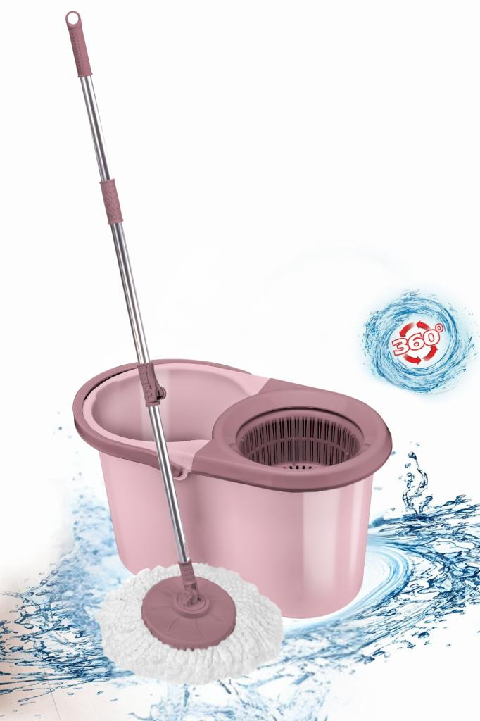 F139 Balerina Otomatik Sıkma Temizlik Seti, Döner Başlıklı Mikrofiber Temizlik Mop Seti Pembe