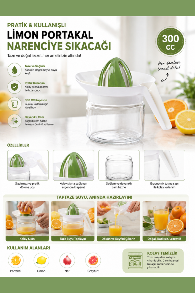 Cam Hazneli Pratik Narenciye Sıkacağı, Limon Portakal Greyfurt Sıkacağı 300 ml