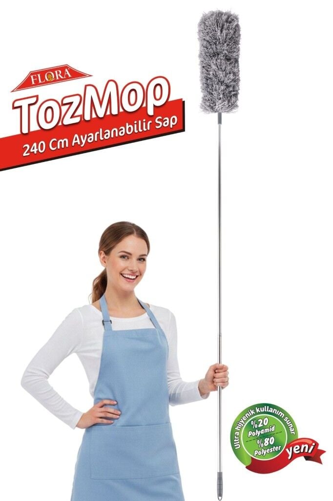 Teleskopik Saplı Toz Alma Mopu 240 cm, Uzatılır Duvar Tavan Yer Temizleyici Mikrofiber Tozucu F277
