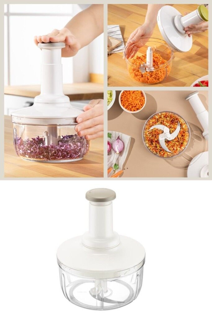 Üstten Basmalı El Rondosu 1500 ml, Paslanmaz 3 Bıçaklı Sebze Doğrayıcı Manuel Mutfak Blender Kahve