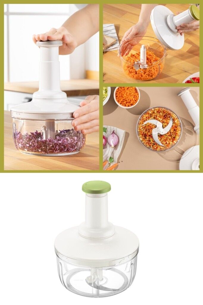 Üstten Basmalı El Rondosu 1500 ml, Paslanmaz 3 Bıçaklı Sebze Doğrayıcı Manuel Mutfak Blender Yeşil