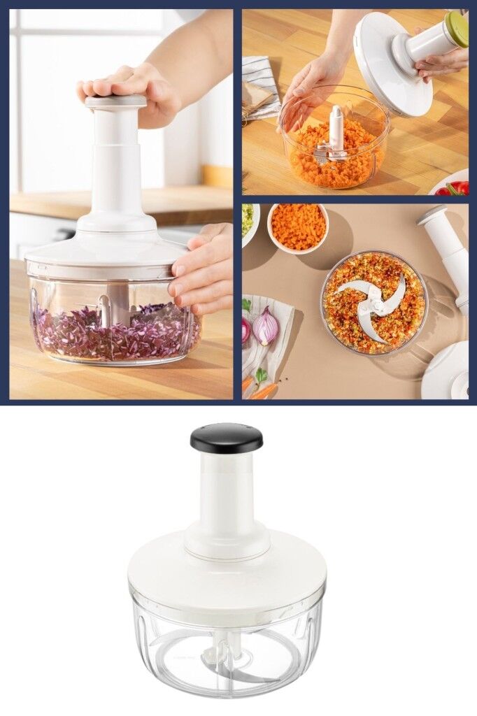 Üstten Basmalı El Rondosu 1500 ml, Paslanmaz 3 Bıçaklı Sebze Doğrayıcı Manuel Mutfak Blender Lacivert