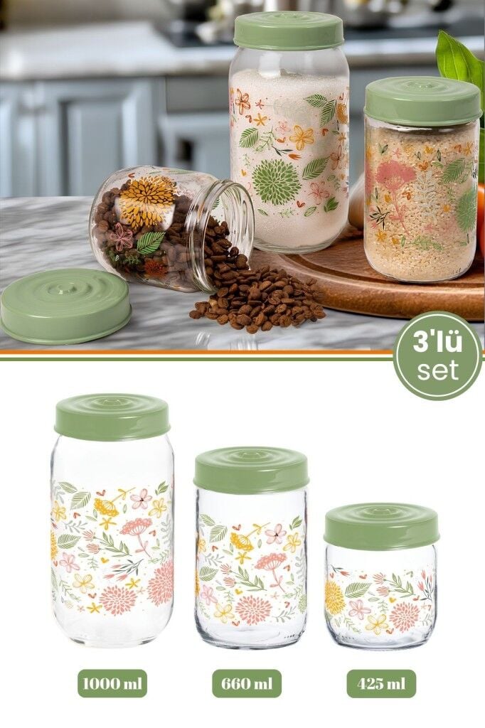 3’lü Desenli Cam Baharatlık Seti, Kapaklı Çay Şeker Kahve Baharat Saklama Kabı (1000+660+425ml)