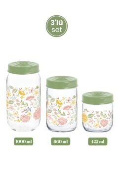 3’lü Desenli Cam Baharatlık Seti, Kapaklı Çay Şeker Kahve Baharat Saklama Kabı (1000+660+425ml)